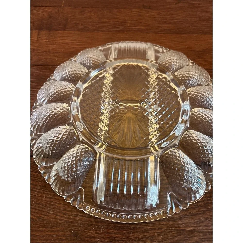 Vtg L.E. Smith‎ Clear Glass Deviled Egg Plate Platter Relish Tray Diamond Point